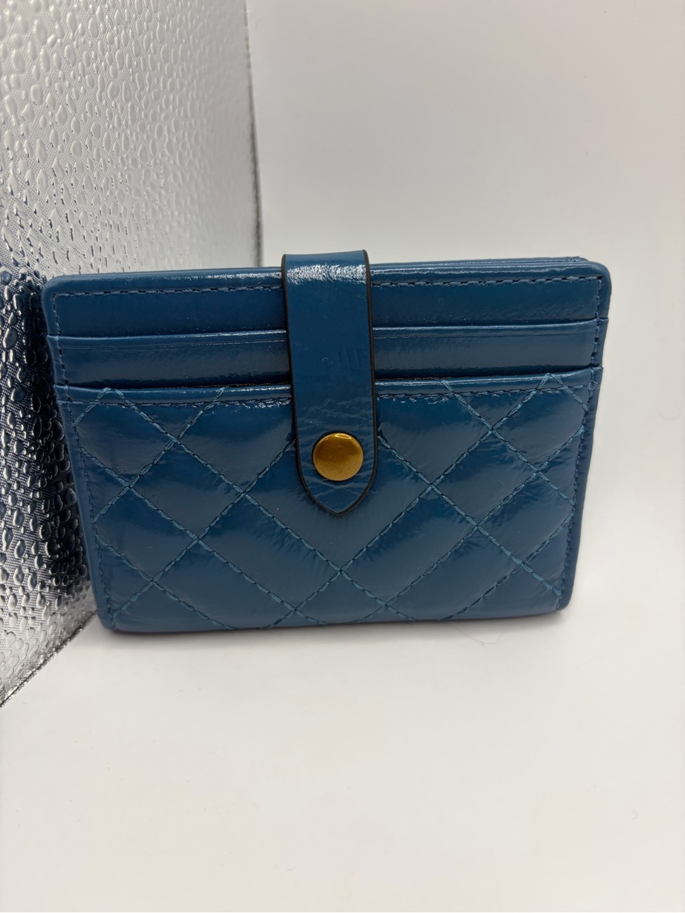 Kurt Geiger Quilted Blue Patent Card Wallet with Snap Closure